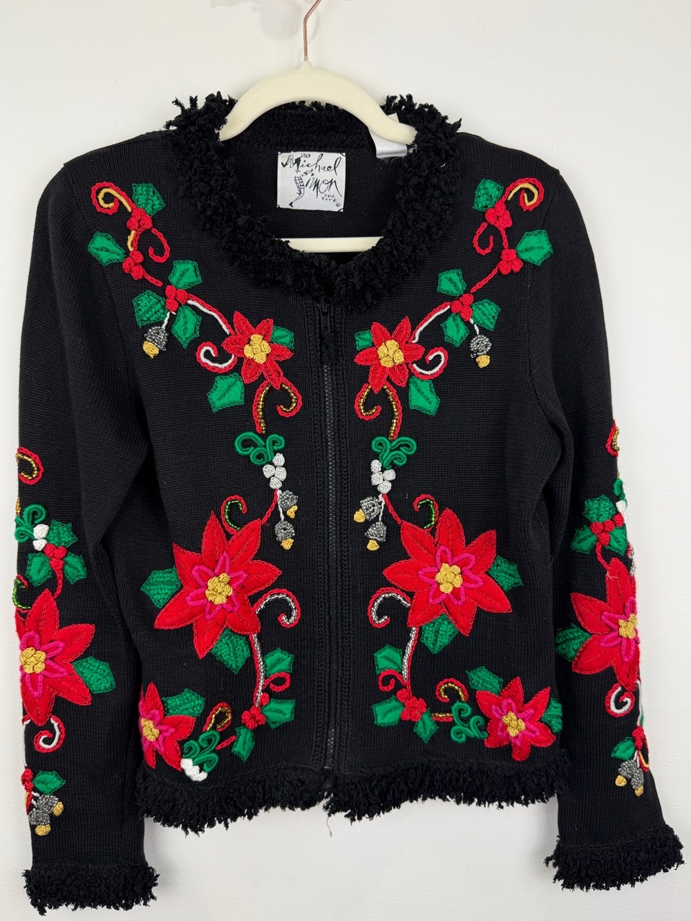 Vintage 1998 Michael Simon Poinsettia Embroidered Beaded Zip Cardigan S